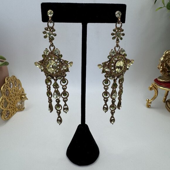 Gorgeous Vintage Dangle Earrings Peridot Rhinestone Pierced Chandelier 4" Long - Picture 2 of 9